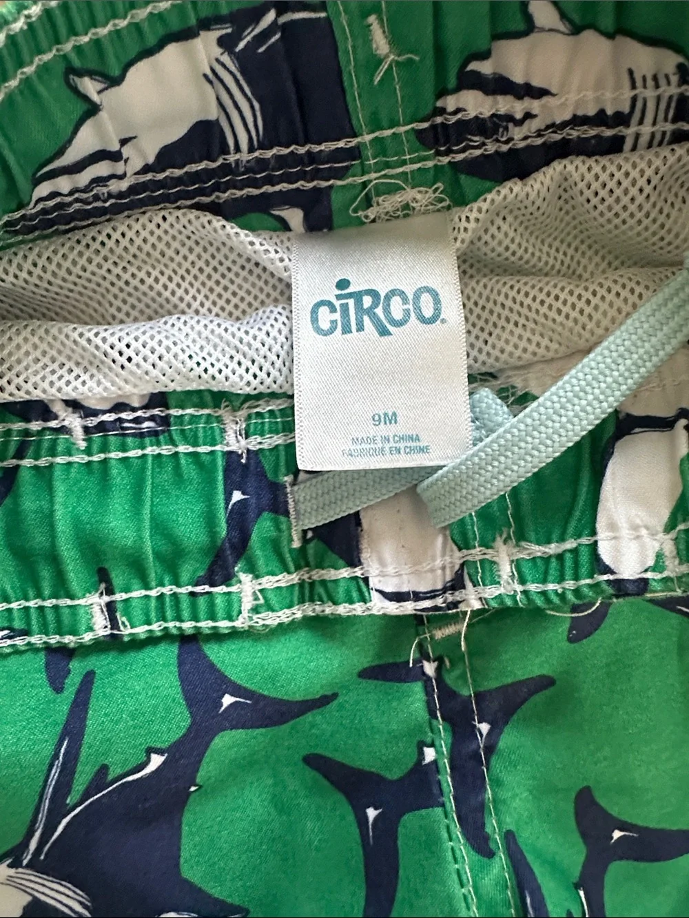 Circo Green Shark Print Swim Shorts with Navy and White Sharks